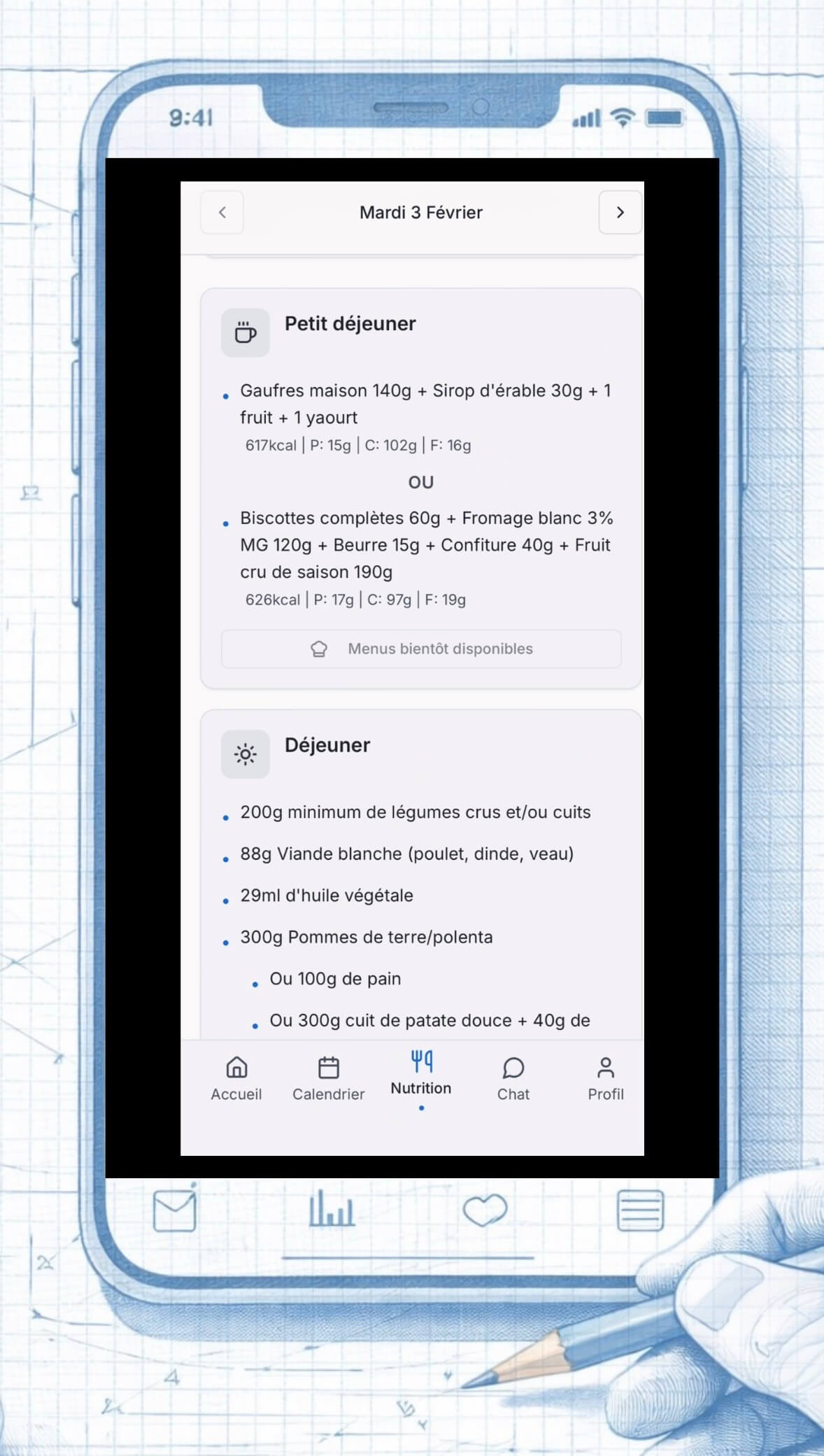 Tous tes repas calculés et réglés selon tes entrainements app sport nutrition Ograal